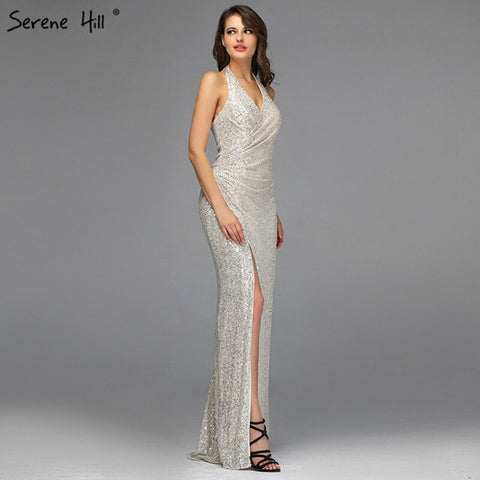 Sale Dubai Design Silver Deep-V Luxury Evening Dresses Sequined Mermaid Sexy Formal Dress 2025 LA70052