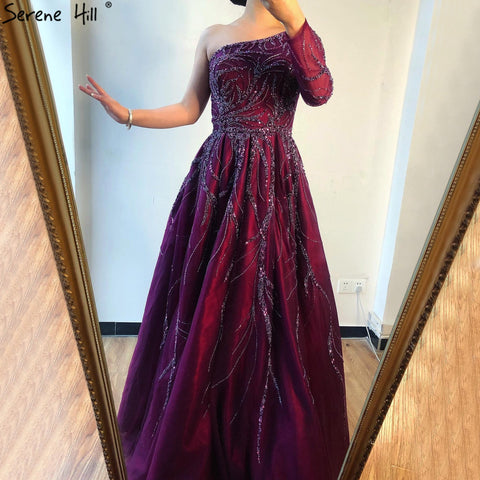 Luxury Dubai One Shoulder Wine Red Evening Dresses LA60988