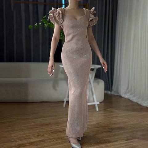 Dubai Designer Pink Short Sleeves Dress New Mermaid Fashion Womens Formal Evening Gowns 2025 QA8019