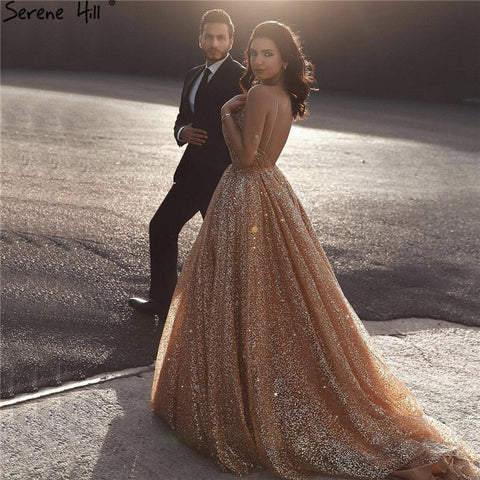 Dubai Gold Backless Glitter Sexy Evening Dresses 2025 Luxury Sleeveless Beach Evening Gowns LA60854