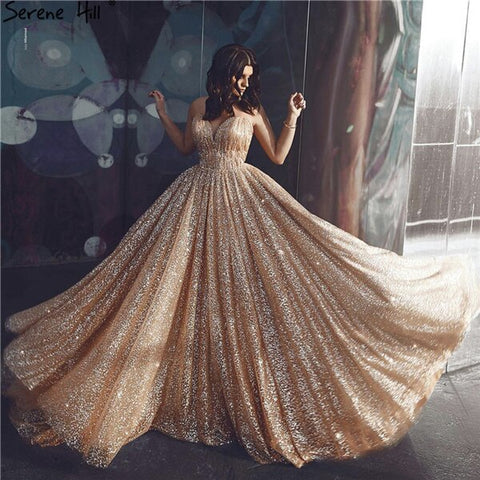 Dubai Gold Backless Glitter Sexy Evening Dresses 2025 Luxury Sleeveless Beach Evening Gowns LA60854