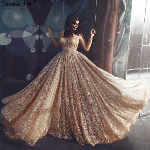 Dubai Gold Backless Glitter Sexy Evening Dresses 2025 Luxury Sleeveless Beach Evening Gowns LA60854