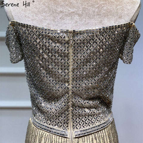 On Sale No Return No Refund Dubai Gold Boat-Neck Tassel Sexy Evening Dresses Luxruy Short Sleeveless Sequined Beading Evening Gowns Real Photo LA60826