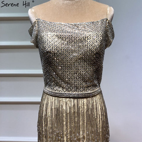 On Sale No Return No Refund Dubai Gold Boat-Neck Tassel Sexy Evening Dresses Luxruy Short Sleeveless Sequined Beading Evening Gowns Real Photo LA60826