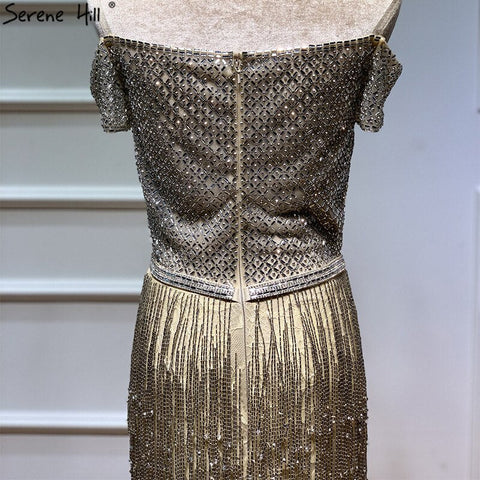 On Sale No Return No Refund Dubai Gold Boat-Neck Tassel Sexy Evening Dresses Luxruy Short Sleeveless Sequined Beading Evening Gowns Real Photo LA60826