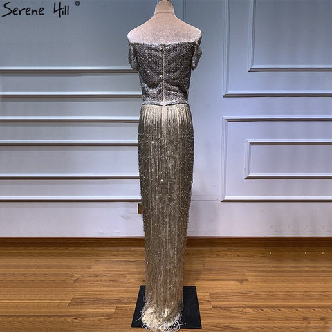 On Sale No Return No Refund Dubai Gold Boat-Neck Tassel Sexy Evening Dresses Luxruy Short Sleeveless Sequined Beading Evening Gowns Real Photo LA60826