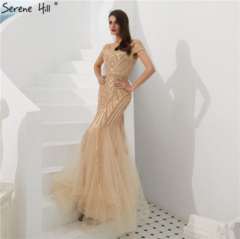 Dubai Gold Full Diamond Mermaid Evening Dresses 2025 Off Shouler Sexy Elegant Formal Gowns LA60807
