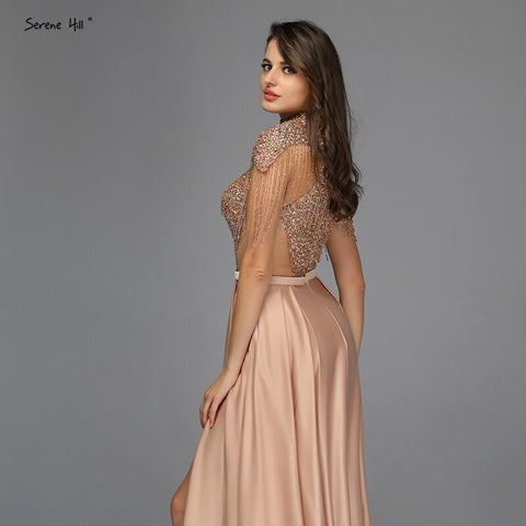 Dubai Gold High Neck Sparkle Prom Dresses 2025 Sleeveless Tassel Beading A-Line Prom Gowns Design LA60998