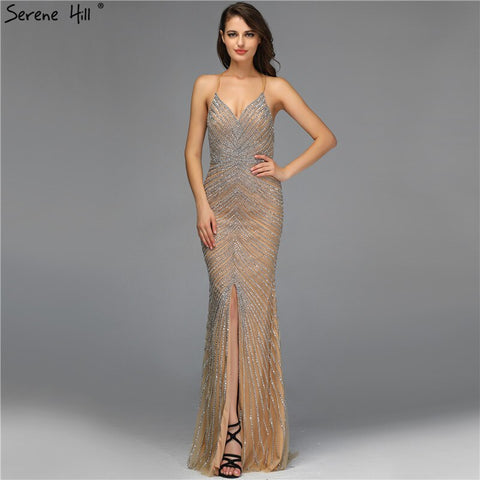 Dubai Gold Luxury Mermaid Evening Dresses Design 2025 Crystal Beading Backless Sexy Evening Gowns Real Photo LA70165
