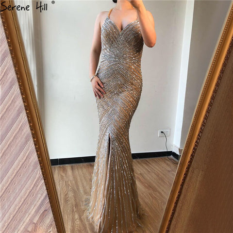Dubai Gold Luxury Mermaid Evening Dresses Design 2025 Crystal Beading Backless Sexy Evening Gowns Real Photo LA70165