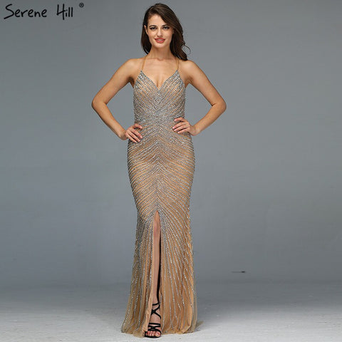 Dubai Gold Luxury Mermaid Evening Dresses Design 2025 Crystal Beading Backless Sexy Evening Gowns Real Photo LA70165