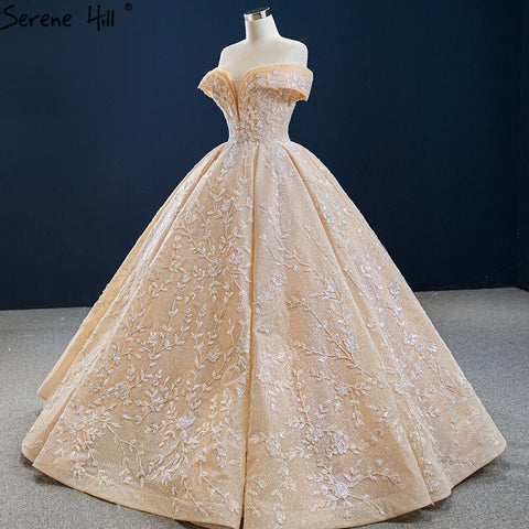 Dubai Gold Off Shoulder Design Wedding Dresses 2025 Handmade Flowers Beading Sexy Bridal Gowns HM67135 Custom Made