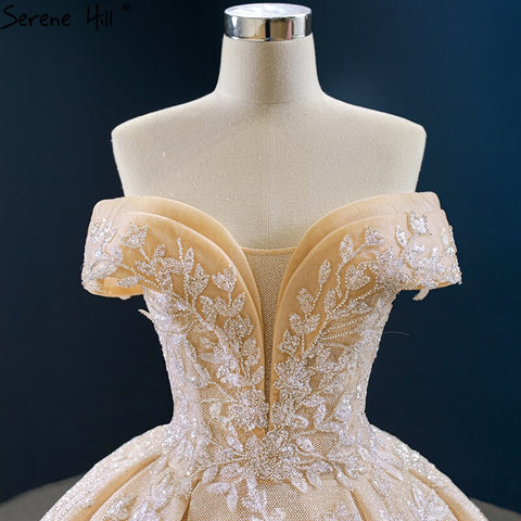 Dubai Gold Off Shoulder Design Wedding Dresses 2025 Handmade Flowers Beading Sexy Bridal Gowns HM67135 Custom Made