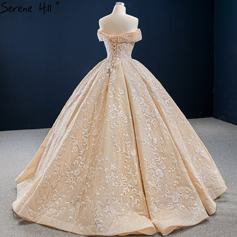 Dubai Gold Off Shoulder Design Wedding Dresses 2025 Handmade Flowers Beading Sexy Bridal Gowns HM67135 Custom Made