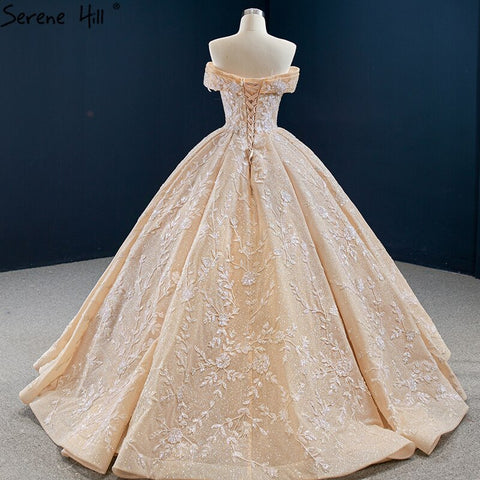 Dubai Gold Off Shoulder Design Wedding Dresses 2025 Handmade Flowers Beading Sexy Bridal Gowns HM67135 Custom Made