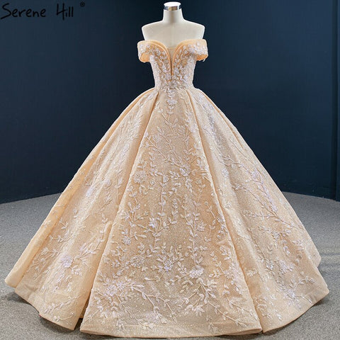 Dubai Gold Off Shoulder Design Wedding Dresses 2025 Handmade Flowers Beading Sexy Bridal Gowns HM67135 Custom Made