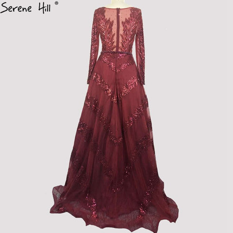 Dubai Grey A-Line Luxury Sexy Evening Dresses 2025 Long Sleeves Diamond Beading Formal Dress LA70618