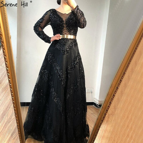 Dubai Grey A-Line Luxury Sexy Evening Dresses 2025 Long Sleeves Diamond Beading Formal Dress LA70618