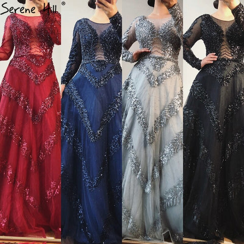 Dubai Grey A-Line Luxury Sexy Evening Dresses 2025 Long Sleeves Diamond Beading Formal Dress LA70618