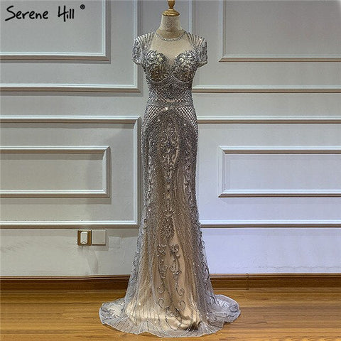 Dubai Grey Full Diamond Sexy Evening Dresses 2025 Cap Sleeve Luxury Mermaid Formal Dress LA60934