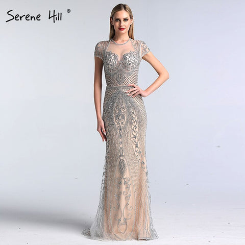 Dubai Grey Full Diamond Sexy Evening Dresses 2025 Cap Sleeve Luxury Mermaid Formal Dress LA60934
