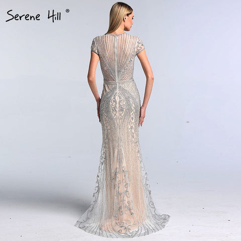 Dubai Grey Full Diamond Sexy Evening Dresses 2025 Cap Sleeve Luxury Mermaid Formal Dress LA60934