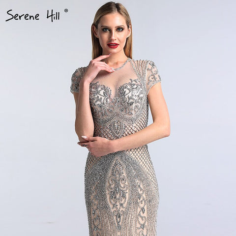 Dubai Grey Full Diamond Sexy Evening Dresses 2025 Cap Sleeve Luxury Mermaid Formal Dress LA60934