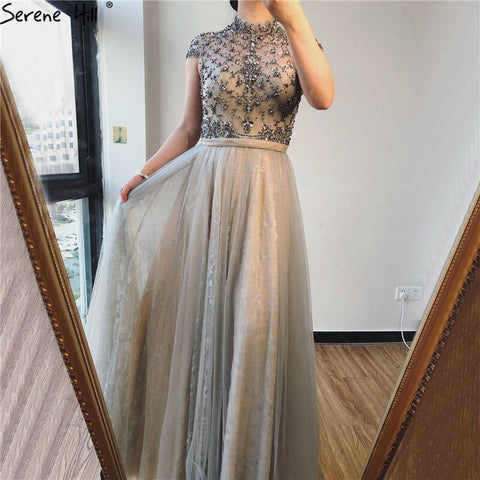 Dubai Grey High-end O-Neck Sexy Evening Dresses 2025 Sleeveless A-Line Diamond Beading Formal Dress Real Photo LA70142