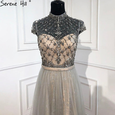 Dubai Grey High-end O-Neck Sexy Evening Dresses 2025 Sleeveless A-Line Diamond Beading Formal Dress Real Photo LA70142