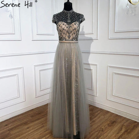 Dubai Grey High-end O-Neck Sexy Evening Dresses 2025 Sleeveless A-Line Diamond Beading Formal Dress Real Photo LA70142