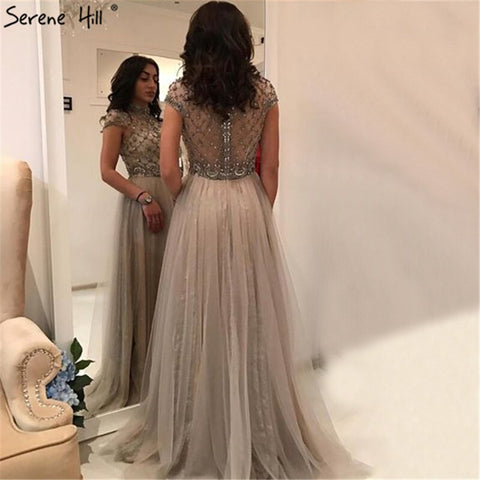 Dubai Grey High-end O-Neck Sexy Evening Dresses 2025 Sleeveless A-Line Diamond Beading Formal Dress Real Photo LA70142
