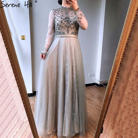 Dubai Grey High-end O-Neck Sexy Evening Dresses 2025 Sleeveless A-Line Diamond Beading Formal Dress Real Photo LA70142