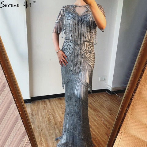 Dubai Grey Luxury Beading Tassel Evening Dresses 2025 Mermaid Short Sleeves Formal Dress LA70275
