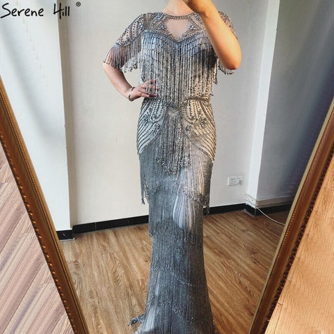 Dubai Grey Luxury Beading Tassel Evening Dresses 2025 Mermaid Short Sleeves Formal Dress LA70275