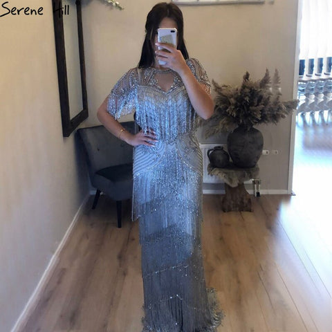 Dubai Grey Luxury Beading Tassel Evening Dresses 2025 Mermaid Short Sleeves Formal Dress LA70275