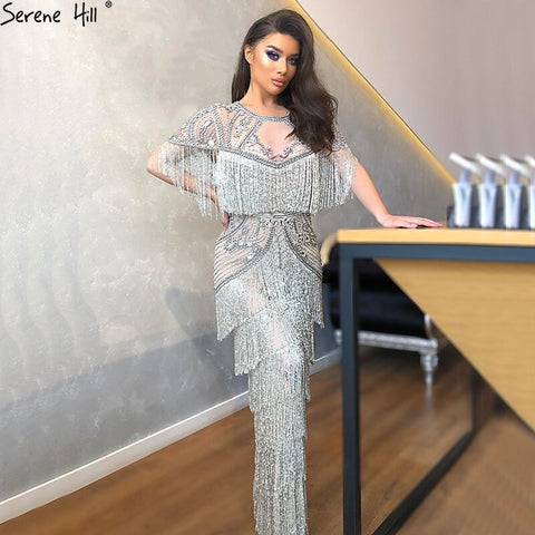Dubai Grey Luxury Beading Tassel Evening Dresses 2025 Mermaid Short Sleeves Formal Dress LA70275