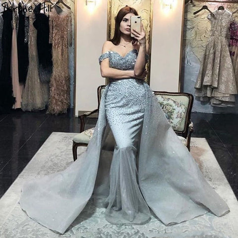 On Sale no return no refundDubai Grey Mermaid Luxury Sleeveless Evening Dresses 2025 Off Shoulder Sexy Formal Dress  Design LA70602