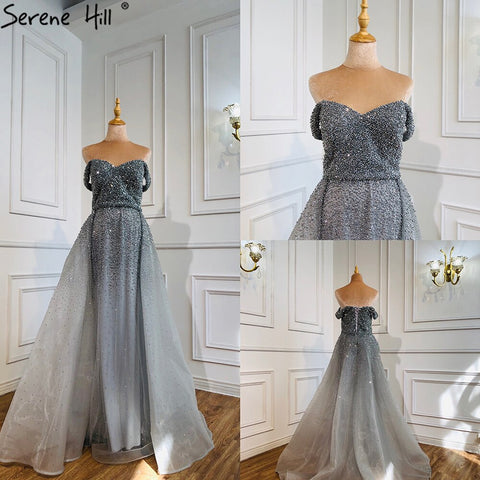 On Sale no return no refundDubai Grey Mermaid Luxury Sleeveless Evening Dresses 2025 Off Shoulder Sexy Formal Dress  Design LA70602