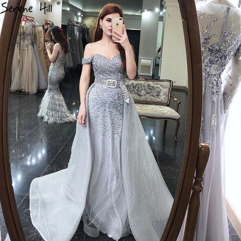 On Sale no return no refundDubai Grey Mermaid Luxury Sleeveless Evening Dresses 2025 Off Shoulder Sexy Formal Dress  Design LA70602