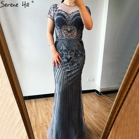 Dubai Grey Mermaid O-Neck Design Evening Dresses Beading Diamond Luxury Cap Sleeve Formal Dress 2025 LA70152