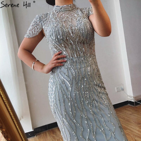 Dubai Grey Mermaid Short Sleeves Evening Dresses Luxury Beading Sparkle Formal Dress 2025 LA70649
