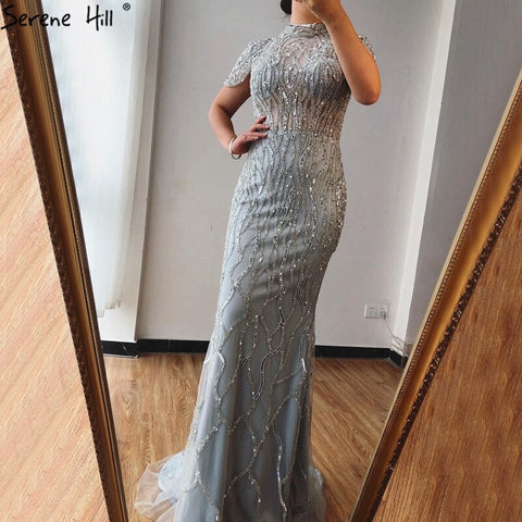 Dubai Grey Mermaid Short Sleeves Evening Dresses Luxury Beading Sparkle Formal Dress 2025 LA70649