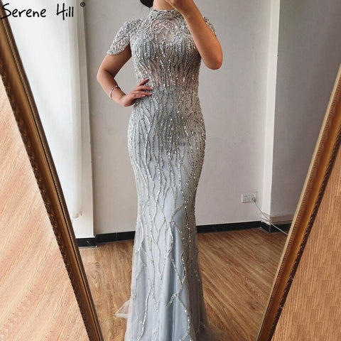 Dubai Grey Mermaid Short Sleeves Evening Dresses Luxury Beading Sparkle Formal Dress 2025 LA70649