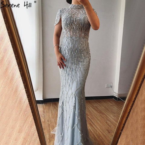 Dubai Grey Mermaid Short Sleeves Evening Dresses Luxury Beading Sparkle Formal Dress 2025 LA70649