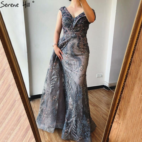 Dubai Grey Mermaid Sleeveless Sexy Evening Dresses 2025 V-Neck Crystal Luxury Evening Gowns 2025 LA70557