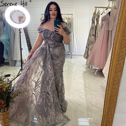 Dubai Grey Mermaid Sleeveless Sexy Evening Dresses 2025 V-Neck Crystal Luxury Evening Gowns 2025 LA70557