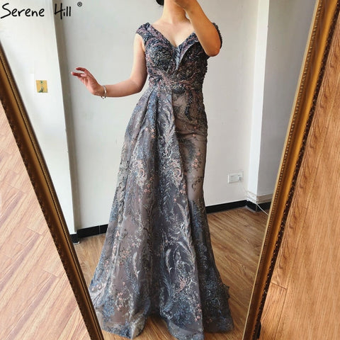 Dubai Grey Mermaid Sleeveless Sexy Evening Dresses 2025 V-Neck Crystal Luxury Evening Gowns 2025 LA70557