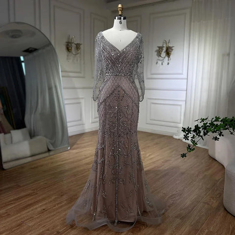 Dubai Grey Nude  Sexy Evening Dresses 2025 Crystal Sleeveless Shawl Yarn Formal LA70382