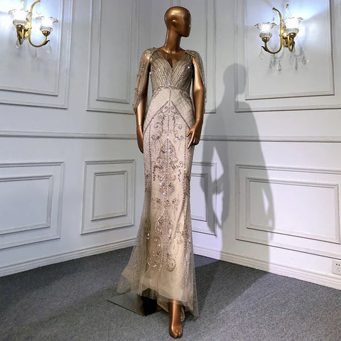 Dubai Grey Nude  Sexy Evening Dresses 2025 Crystal Sleeveless Shawl Yarn Formal LA70382