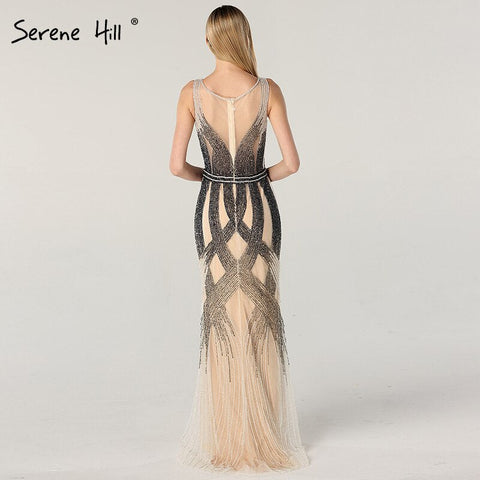 On Sale no return no refundSale Dubai Latest Design Blue Gold Sleeveless Evening Dresses 2025 Beading Sequined Luxury Evening Dress Long Real Photo LA60783